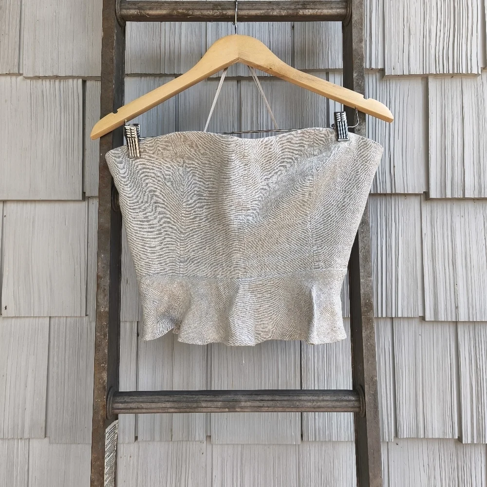 J Crew Linen Cropped Bustier Peplum Top sz 8 Natural Flax Chic Beach Quiet Luxur